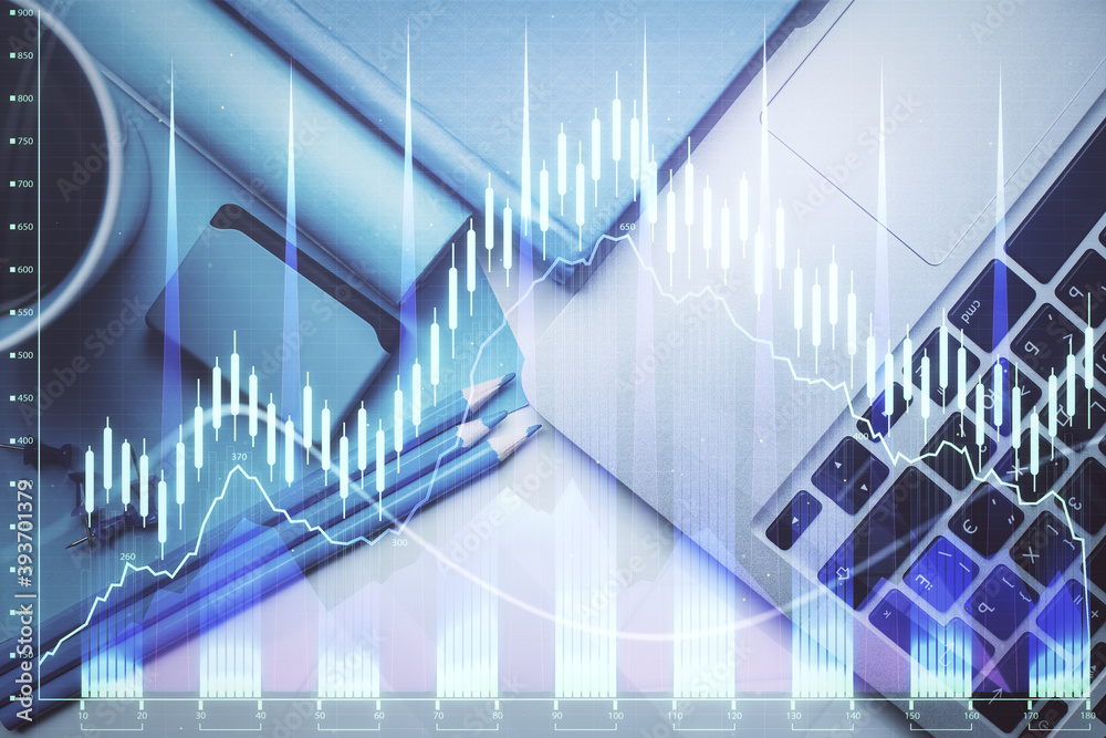 Double exposure of forex graph drawing over desktop background with computer. Concept of financial analysis. Top view. Double exposure of forex graph drawing over desktop background with computer. Concept of financial analysis. Top view.