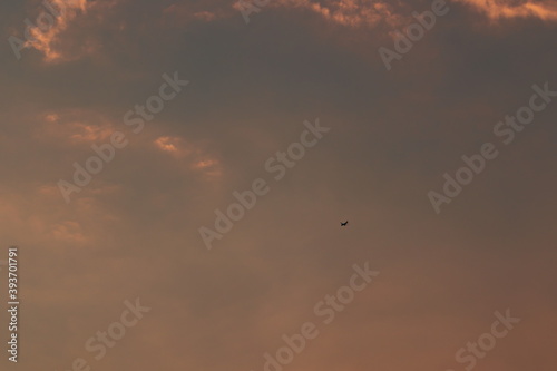 jet plane flying at high altitude, crossing a sky overcast with clouds illuminated by twilight light.