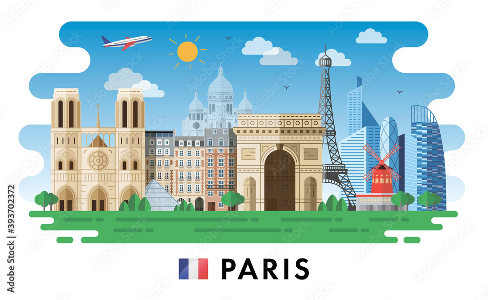 Paris, France. Eiffel Tower, Notre Dame de Paris cathedral, Arc de Triomphe, The Basilica of the Sacred Heart. Modern buildings and city sights. Vector illustration