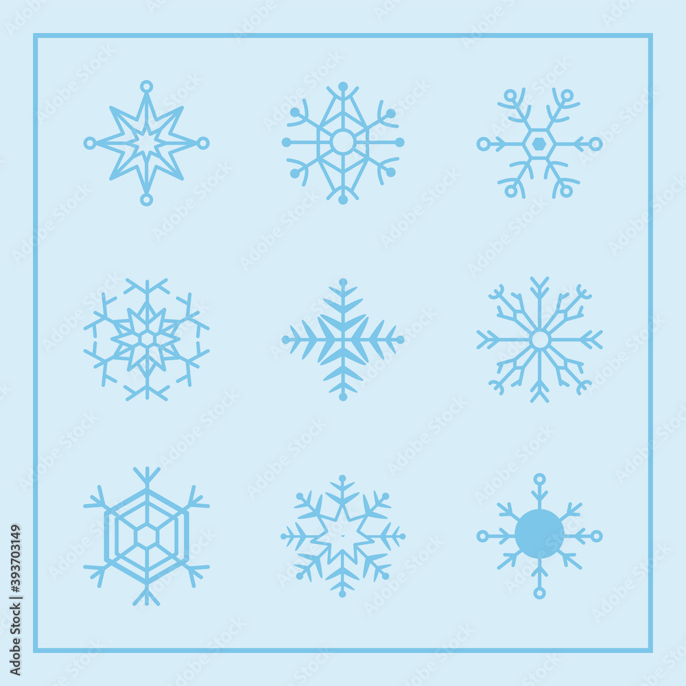 set of snowflakes icons on blue background, christmas and winter concept