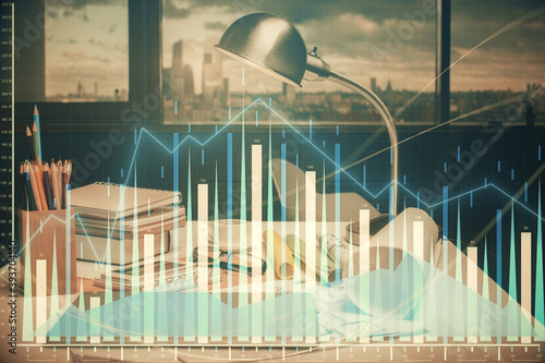 Double exposure of stock market graph drawing and office interior background. Concept of financial analysis. © peshkova