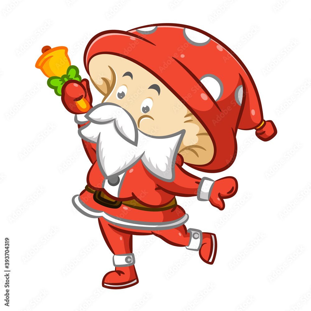 The mr mushroom using the Santa Claus costume and holding a small bell
