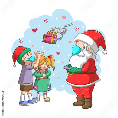 The Santa Claus giving the children the gift with the drone because physical distance