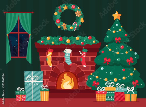 Christmas fireplace with fir tree, gifts, wreath, stockings, garland. Vector illustration.