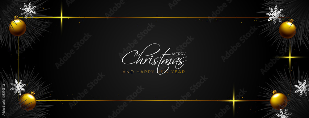 Merry christmas banner with gold ornaments