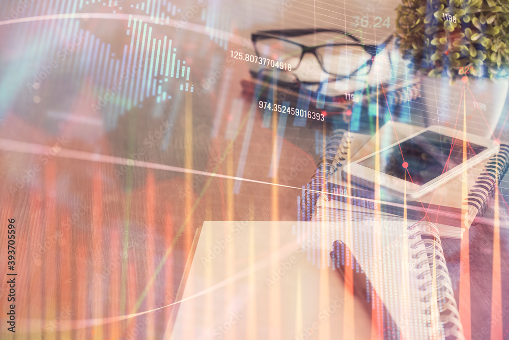 Double exposure of forex chart drawing and cell phone background. Concept of financial trading Double exposure of forex chart drawing and cell phone background. Concept of financial trading