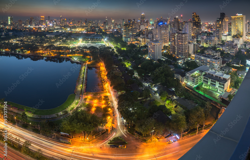 Panoramic View of Bangkok, Thailand. Cityscape with Public Park and Skyscrapers at Night