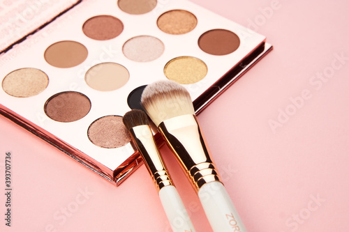 Tableau sur toile eyeshadow makeup brushes collection professional cosmetics accessories on pink b
