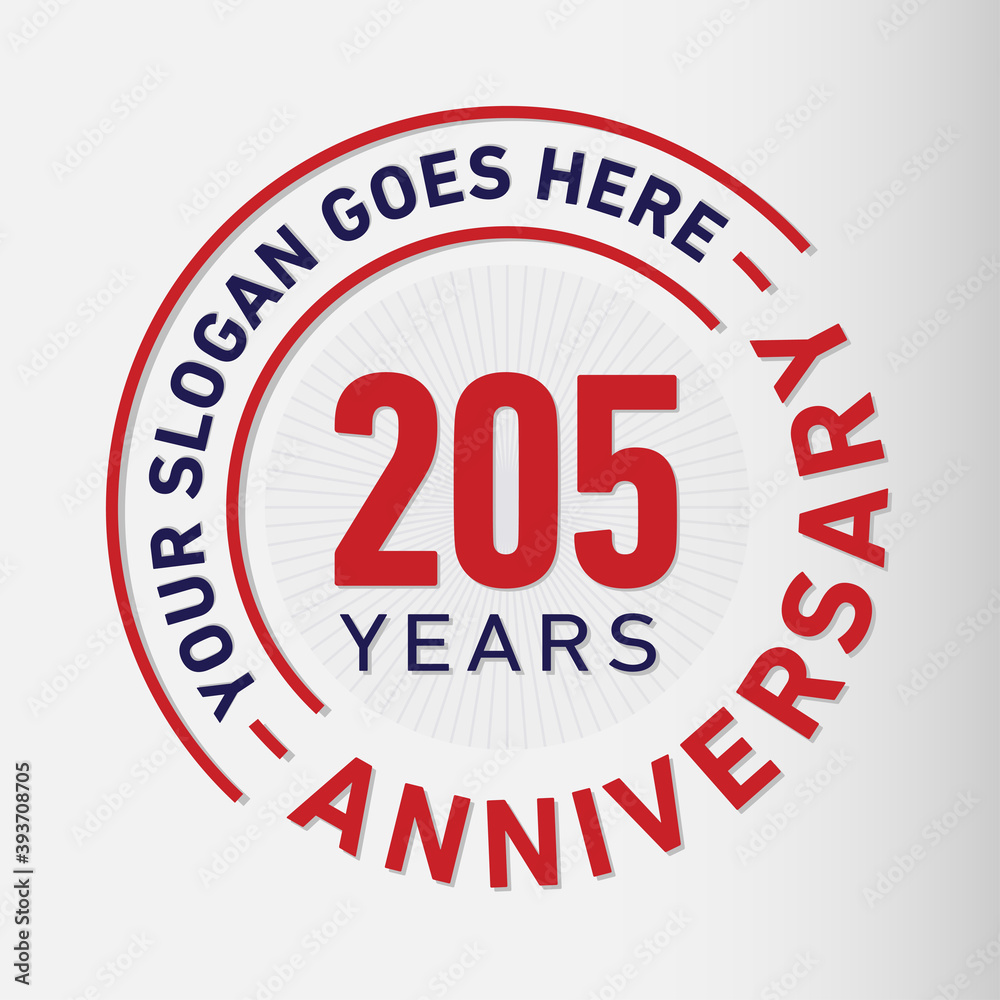 205 years anniversary logo template. 205th years anniversary celebration design. Vector and illustration.
205 years anniversary logo template. 205th years anniversary celebration design. Vector and illustration.