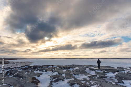 One man, single walking across rocks to the Hudson Bay sea ice area in arctic ocean area Churchill, Manitoba northern Canada in the polar bear viewing season of October November autumn, fall. 