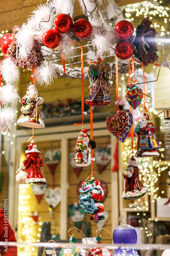 Hanging christmas decorations. Marcheé de noel in mulhouse, France.