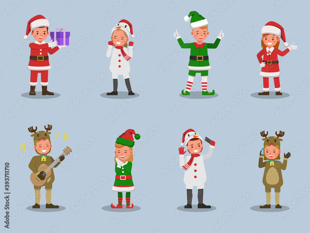 Set of kids boy and girl wearing Christmas costumes character vector design. Presentation in various action with emotions. no6