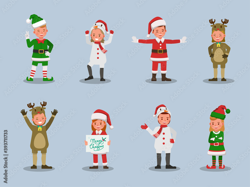 Set of kids boy and girl wearing Christmas costumes character vector design. Presentation in various action with emotions. no8