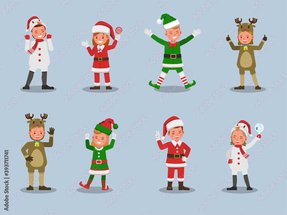 Set of kids boy and girl wearing Christmas costumes character vector design. Presentation in various action with emotions. no9 Set of kids boy and girl wearing Christmas costumes character vector design. Presentation in various action with emotions. no9
