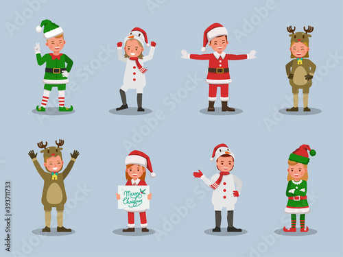 Set of kids boy and girl wearing Christmas costumes character vector design. Presentation in various action with emotions. no8