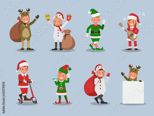 Set of kids boy and girl wearing Christmas costumes character vector design. Presentation in various action with emotions. no22