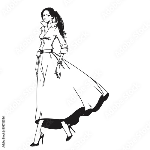 A girl in a long skirt and high heel shoes. Fashion illustration. Vector hand-drawn sketch.