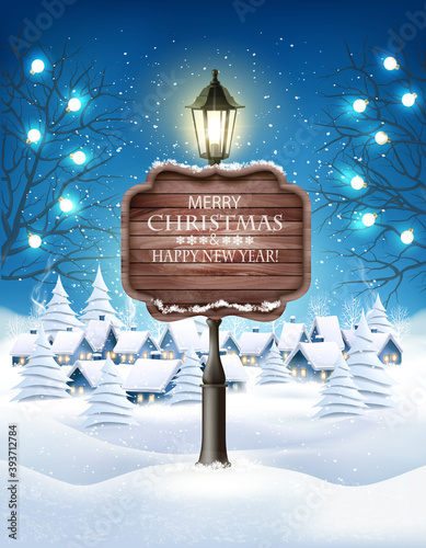 Christmas evening winter landscape with lampposts and a winter village with christmas trees. Vector