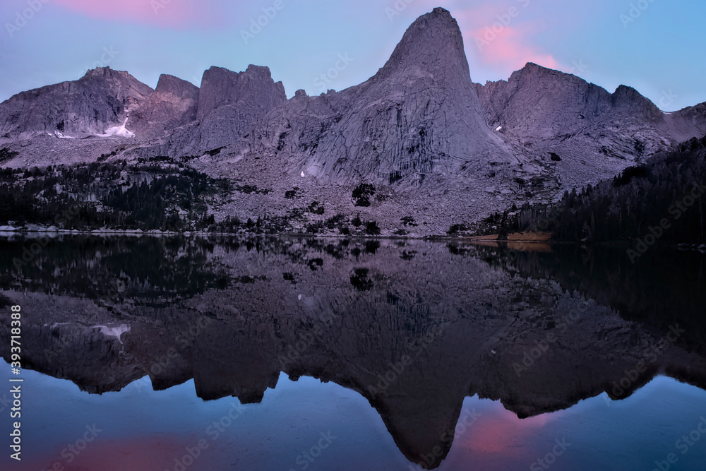 Dawn at the stunning Cirque of Towers, seen from Lonesome Lake, Wind River Range, Wyoming, USA