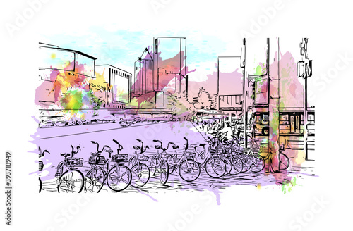 Building view with landmark of Chengdu is the
City of China. Watercolour splash with hand drawn sketch illustration in vector.