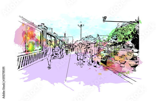 Building view with landmark of Chengdu is the
City of China. Watercolour splash with hand drawn sketch illustration in vector.