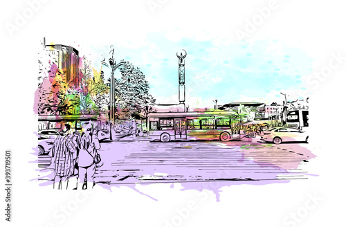 Building view with landmark of Chengdu is the
City of China. Watercolour splash with hand drawn sketch illustration in vector.