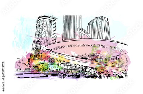 Building view with landmark of Chengdu is the
City of China. Watercolour splash with hand drawn sketch illustration in vector.