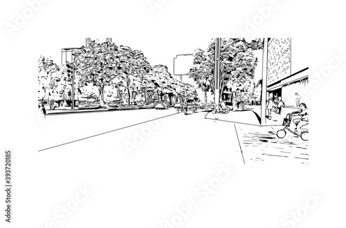 Building view with landmark of Chengdu is the
City of China. Hand drawn sketch illustration in vector.