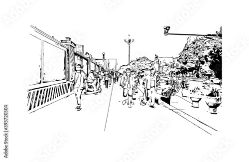 Building view with landmark of Chengdu is the
City of China. Hand drawn sketch illustration in vector.