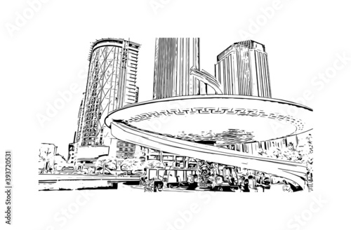 Building view with landmark of Chengdu is the
City of China. Hand drawn sketch illustration in vector.