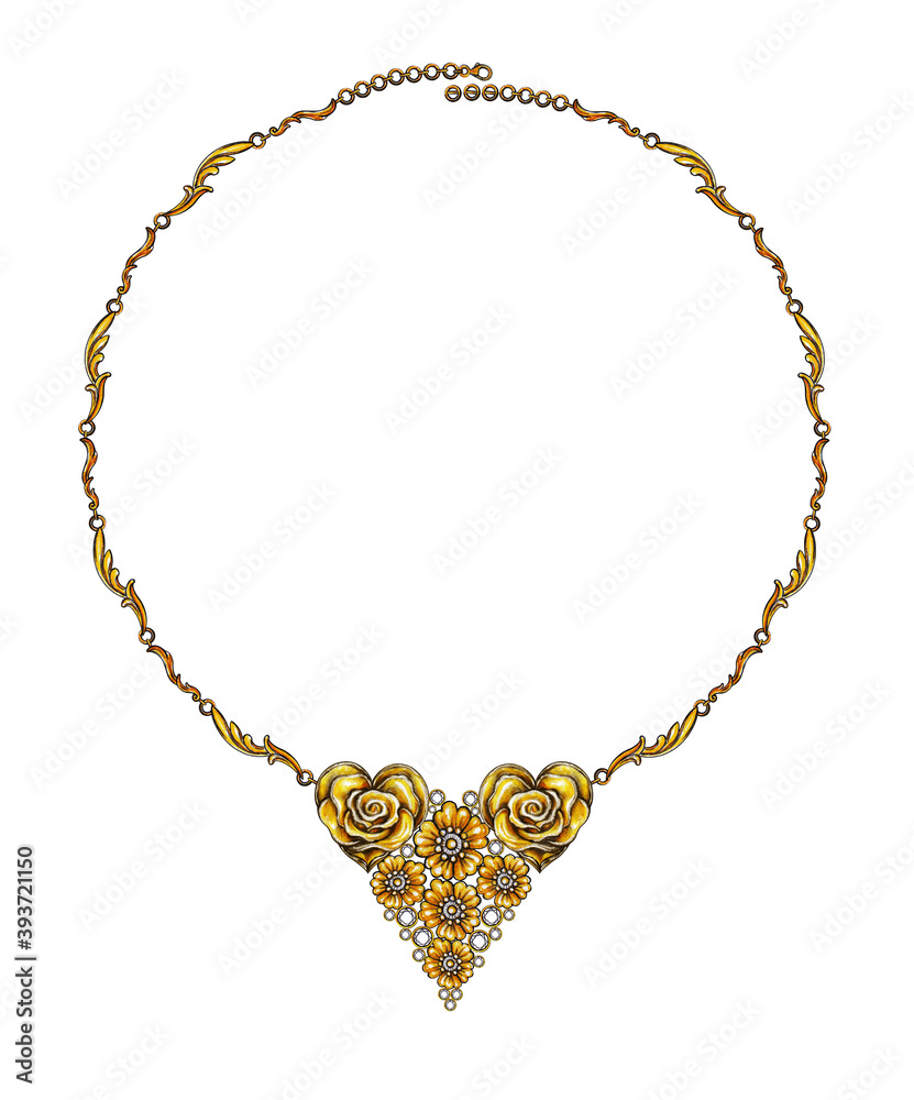 Jewelry design art flowers gold and diamond necklace. Hand drawing and painting on paper. Jewelry design art flowers gold and diamond necklace. Hand drawing and painting on paper.