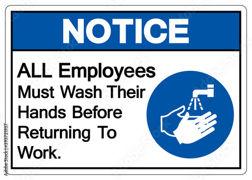Notice ALL Employees Must Wash Their Hands Before Returning To Work Symbol Sign,Vector Illustration, Isolated On White Background Label. EPS10