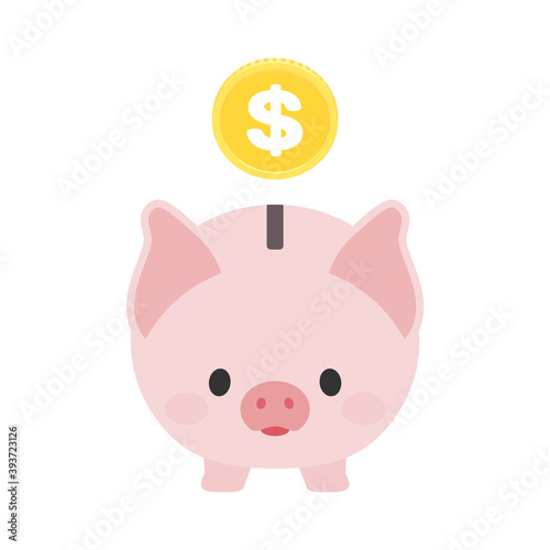 かわいい豚の貯金箱とアメリカの通貨$マーク入りコイン・白バック：ドル・ピギーバンク・貯蓄・節約・費用・家計