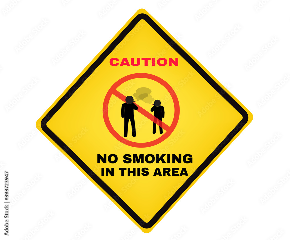 Accident Prevention signs, CAUTION board with message NO SMOKING IN THIS AREA, beware and careful yellow rhombus Sign, warning symbol, vector illustration.