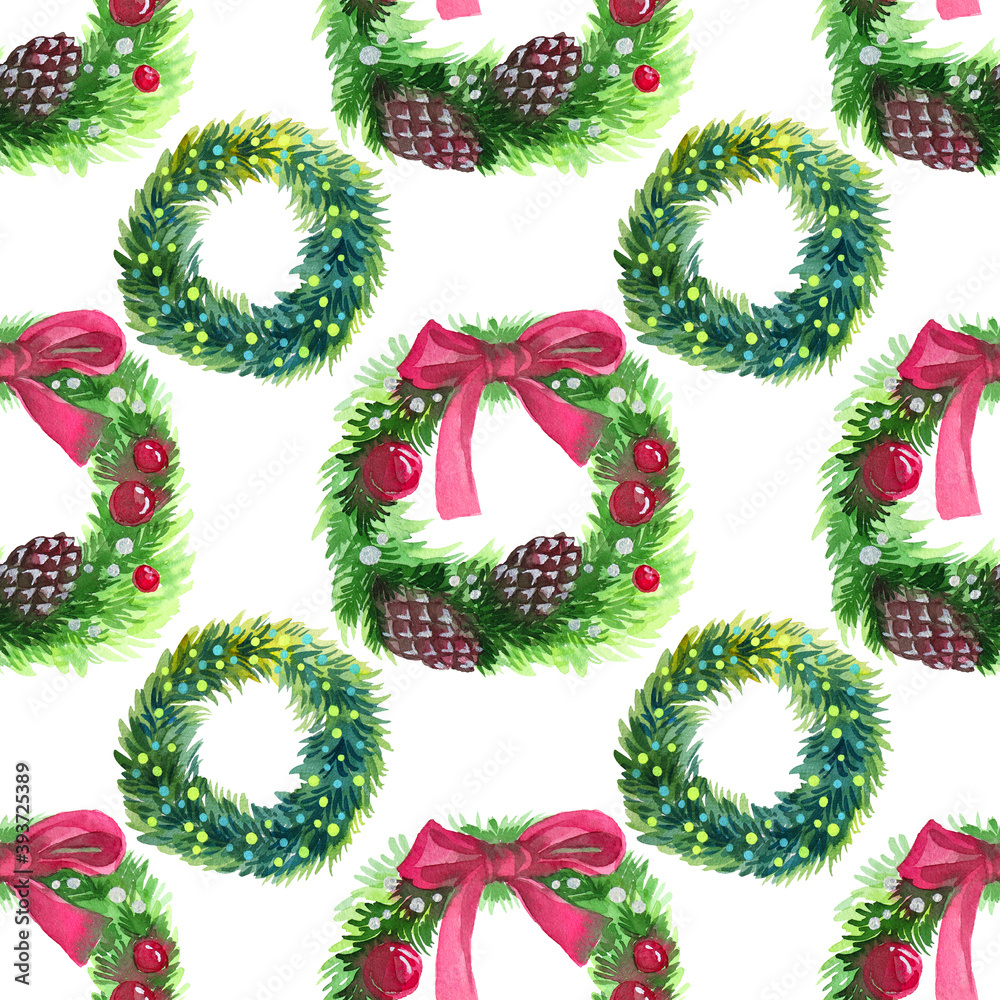 Seamless pattern watercolor green and red Christmas wreath on white background. Happy winter holiday. Art creative hand-drawn object for card, sticker, wallpaper, wrapping, gift