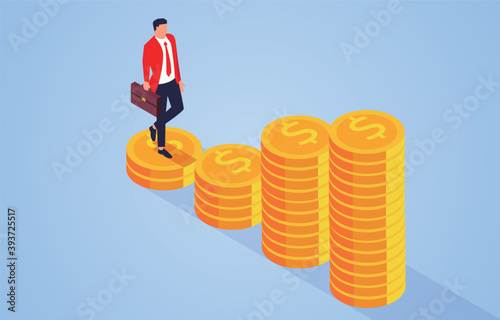 Businessmen move towards stacking higher gold coins, career development and business growth