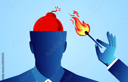 Emotional stress, anger and impulsive emotions, holding a burning match in hand to light the bomb in the brain