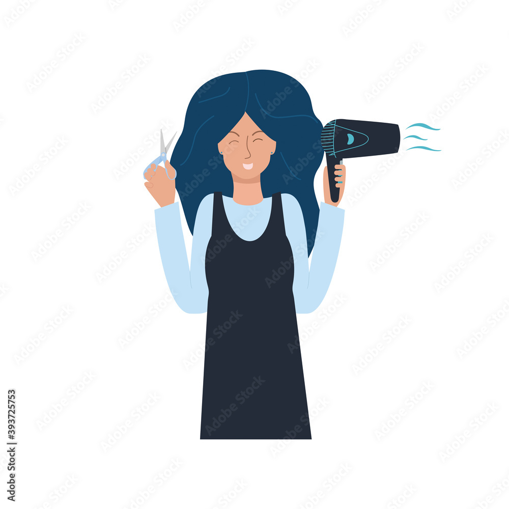 Girl hairdresser with hairdryer and scissors in hands, vector illustration for sites, beauty salons Girl hairdresser with hairdryer and scissors in hands, vector illustration for sites, beauty salons