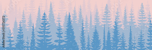Forest in the morning light, sunrise. Vector banner.