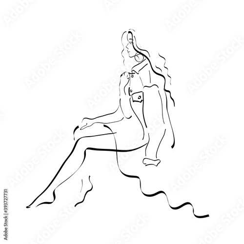 The girl sits on a stone in a romantic dress. Long hair curls. Vector illustration contoured by lines on a white background. Young woman in a jacket over her shoulders.