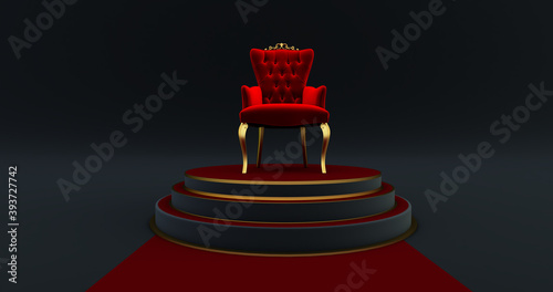 3D render of Red royal chair on a pedestal. Red carpet leading to the luxurious throne, Place for the king. Royal throne,