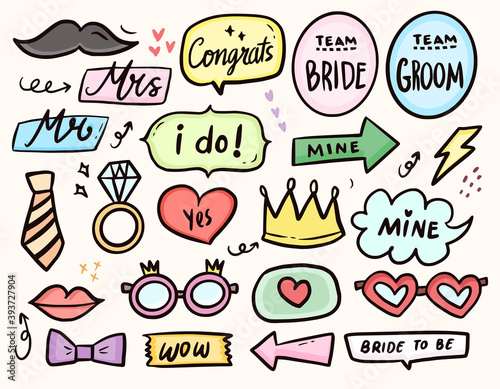 Cute wedding party photo booth properties drawing collection set