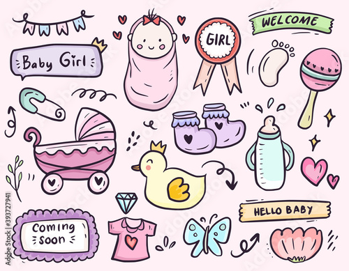 Baby girl shower party cartoon icon doodle drawing collection vector set