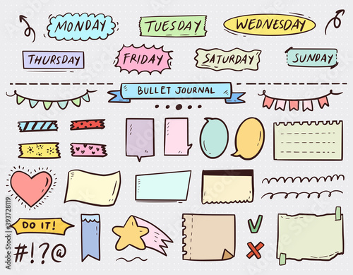 Bullet journal book notes paper and to do list collection set in colorful style