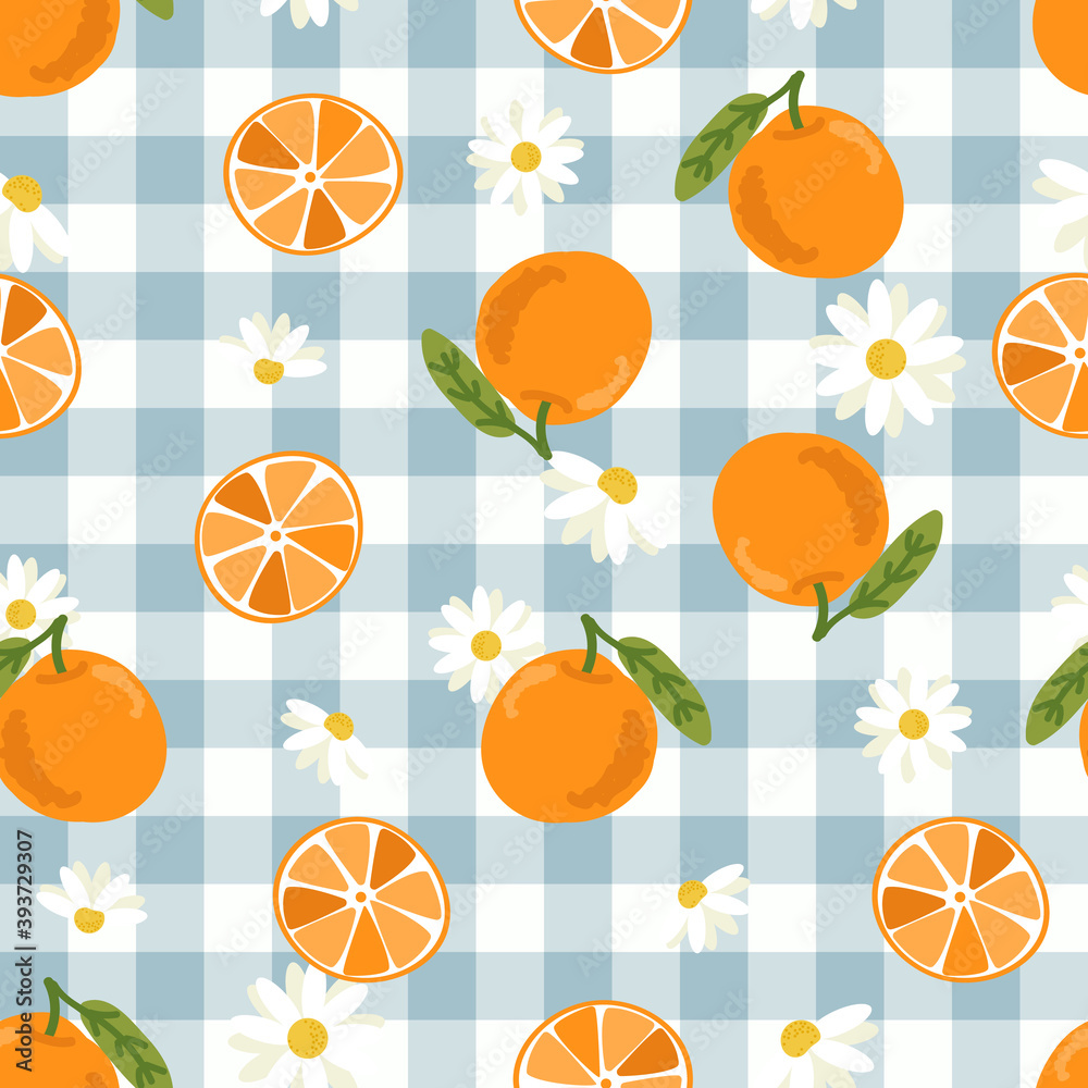 cute hand drawn orange fruit and slice on blue plaid background seamless pattern