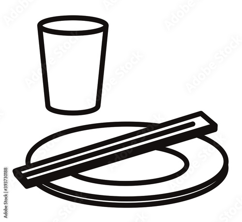 紙皿と紙コップと割り箸のシンプルなアイコン/白黒