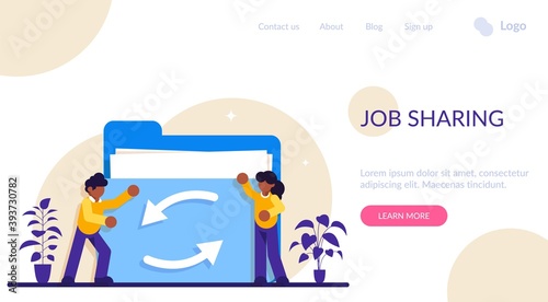 Date or job sharing concept. Delegating duties and responsibilities to colleagues. Job sharing, alternative work schedule, collaborative employment, division of a job. Modern flat illustration.