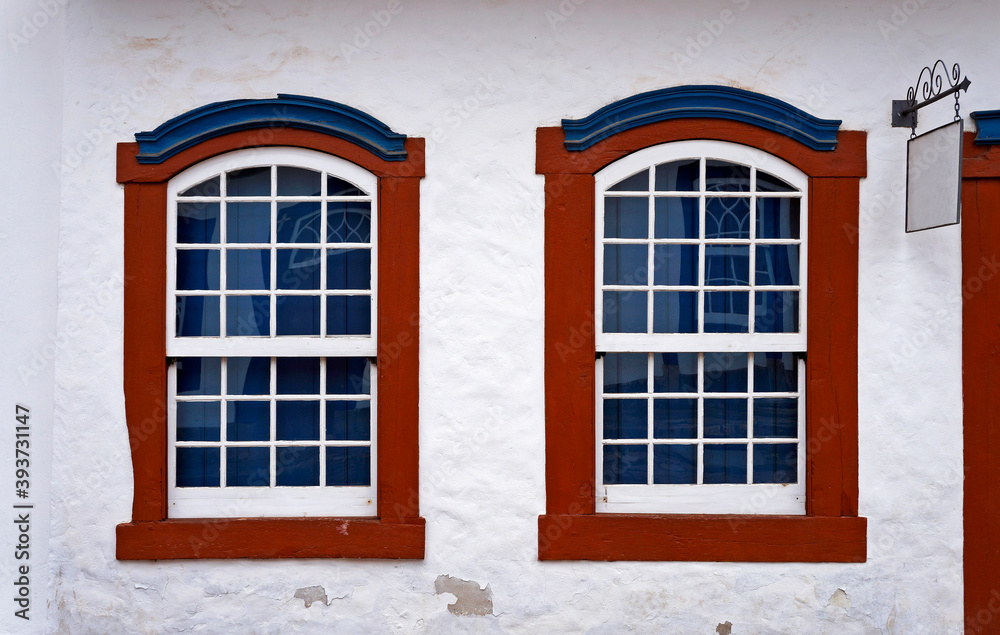 Colonial windows on facade, Tiradentes, Minas Gerais, Brazil 