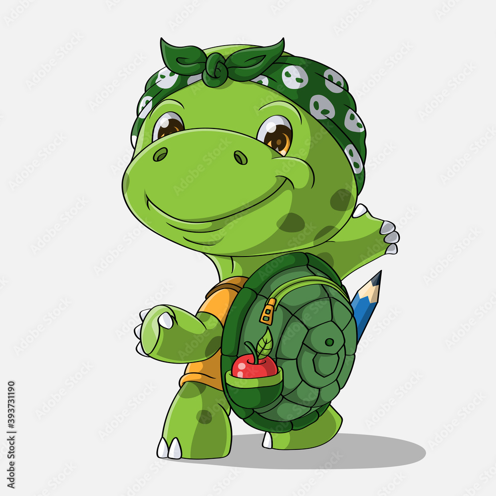 Fototapeta premium Cartoon turtle goes to school, Hand drawn