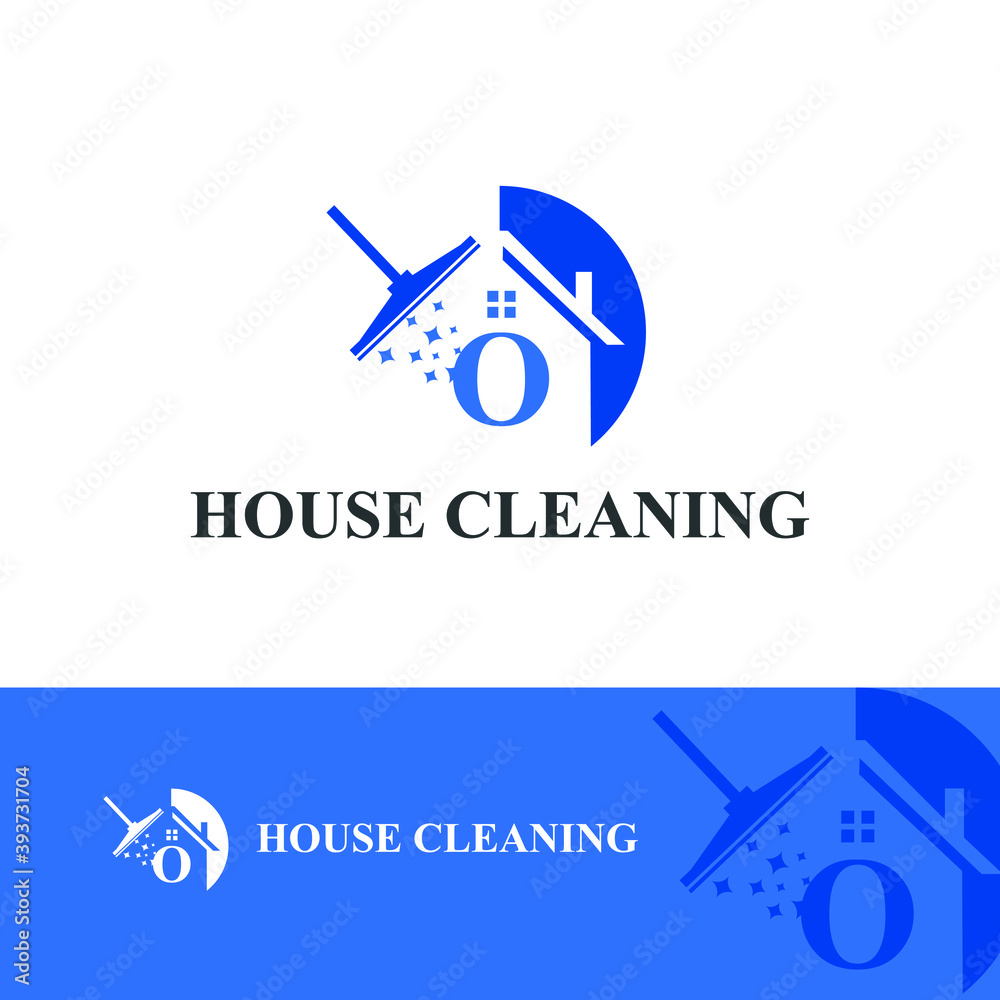 House Cleaning Service with Initial O Letter, broom and shiny icon Concept Logo Design Template. Home maintenance business	